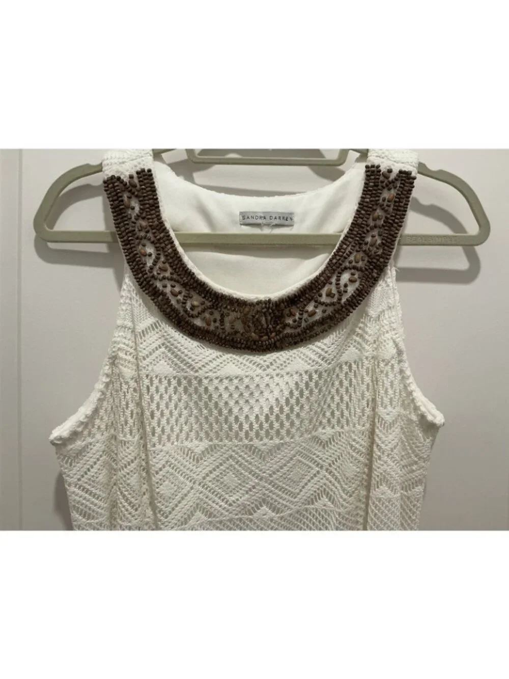 Sandra Darren Maxi Dress See Measurements Off White Beaded Neck Line Lace Lined - Picture 2 of 14